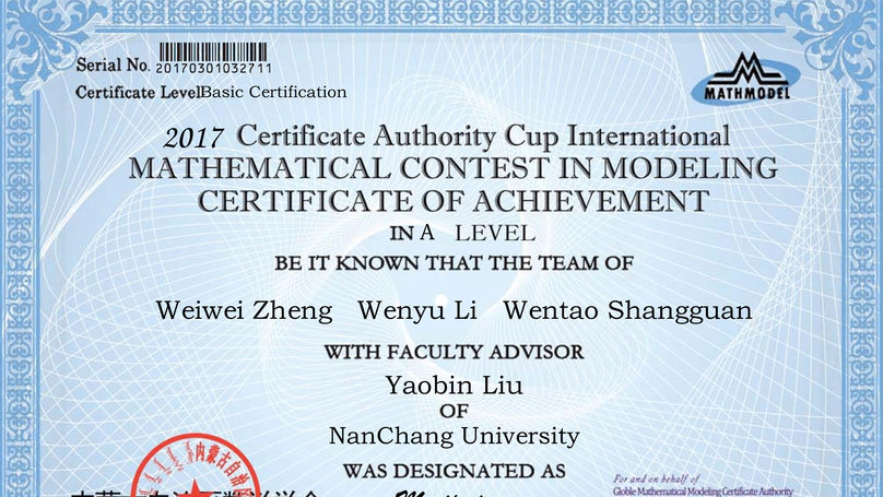 Certificate Authority Cup International Mathematical Contest in Modeling Certificate of Achievement (Meritorious Winner)